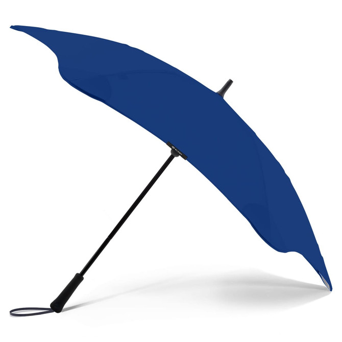 A blue umbrella with a black handle and a logo, featuring a wide canopy design.