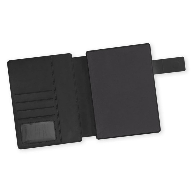 A black Stockholm Portfolio with card slots and a smooth cover, featuring an inner pocket for documents.