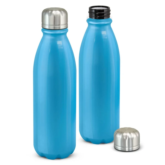 A drink bottle in bright blue with a stainless steel cap, featuring a smooth, slim design. It has a logo on its body.