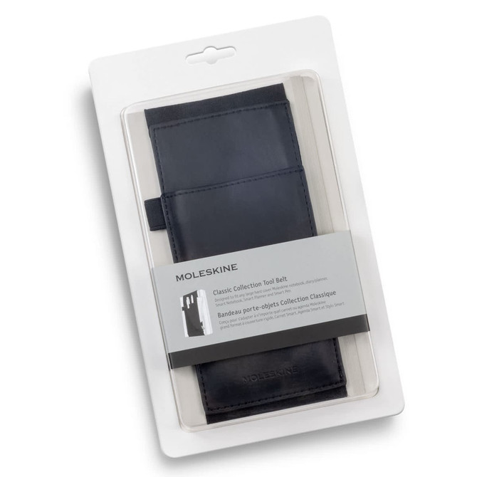 A dark blue Moleskine planner in packaging, featuring an elegant design and a logo.