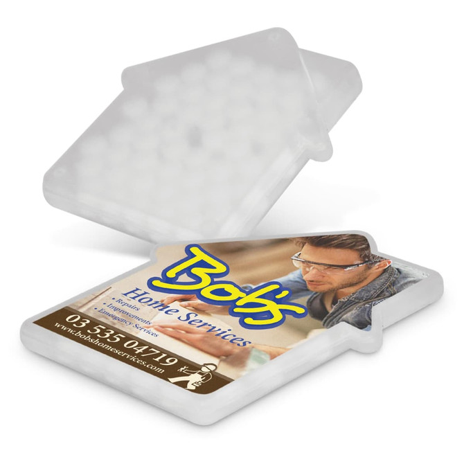 A clear mint container shaped like a house, filled with white mints, featuring a logo and contact information on the front.