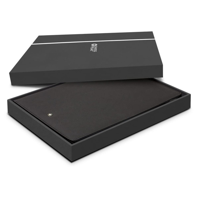 A black A5 portfolio with a zipper presented in a black box, featuring a logo on the portfolio.