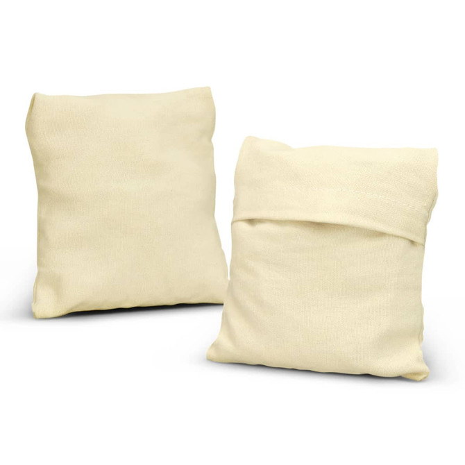 A cotton mesh foldaway tote bag in cream, folded and displayed from two angles. It has a simple design and visible stitching.