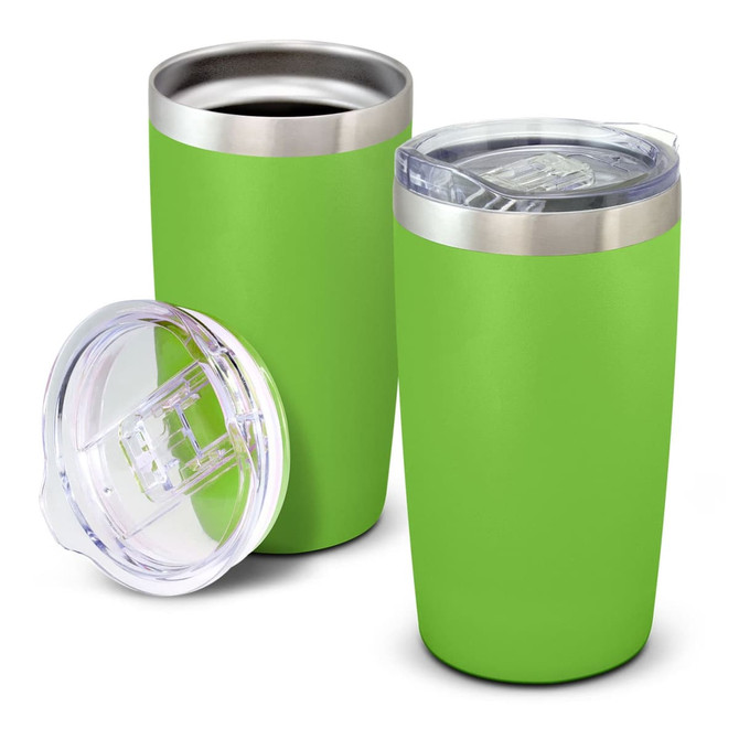 A drink bottle set featuring two bright green vacuum cups with stainless steel accents and transparent lids.