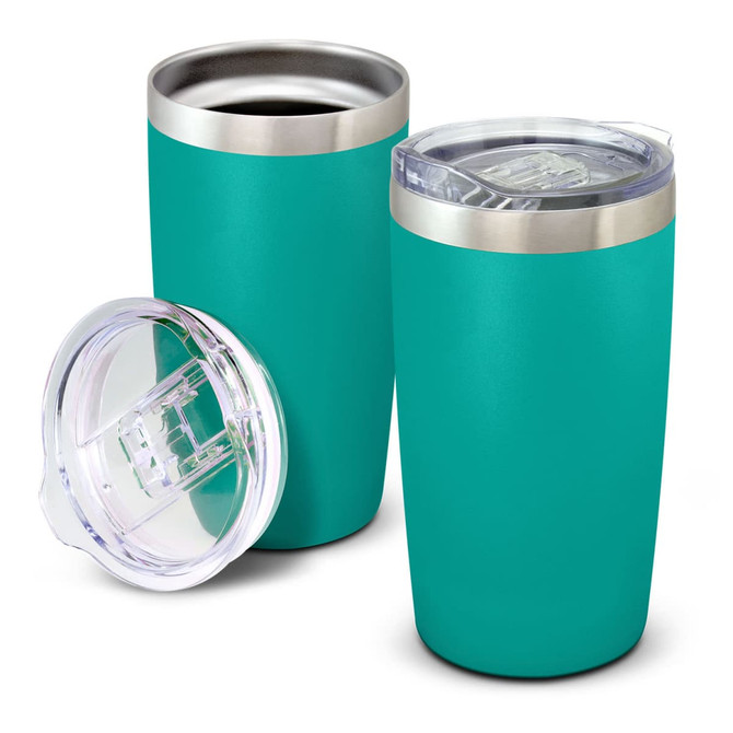 A drink bottle in teal with a stainless steel rim, accompanied by a clear lid. It has a smooth matte finish and a branded logo.