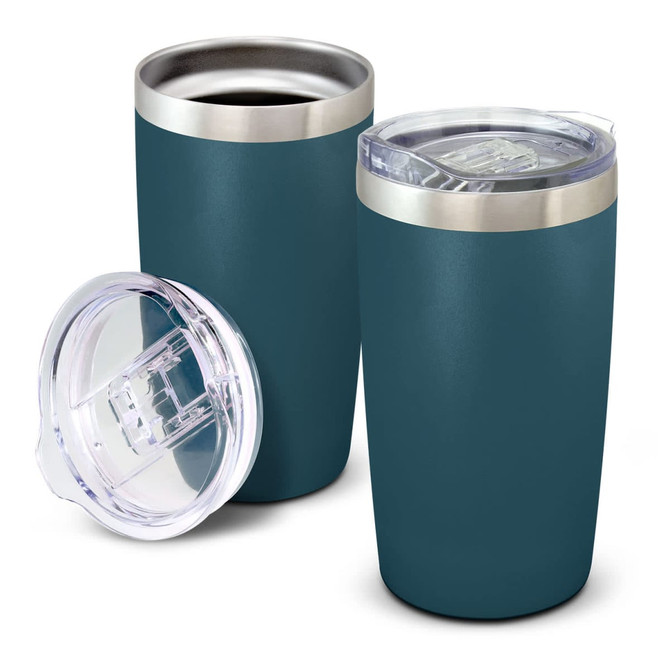 A drink bottle in a deep teal colour with a stainless steel lid and a transparent plastic cover beside it.