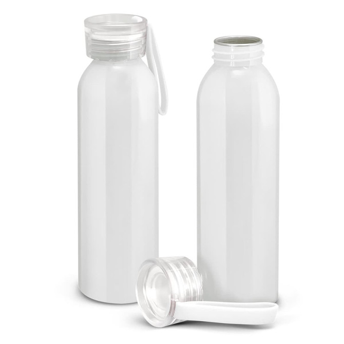 A drink bottle duo in white, featuring a clear cap and a loop for easy carrying. Includes a bottle with a removable lid.