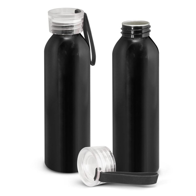 A drink bottle in matte black with a clear, screw-on lid and a carry handle, featuring a logo.