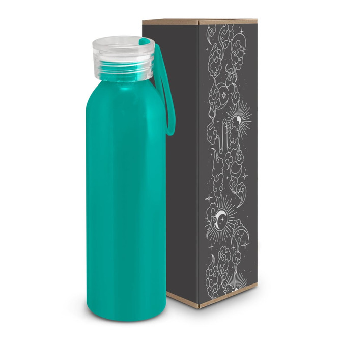 A drink bottle in teal with a clear lid and a matching strap, beside a decorative box featuring a design.