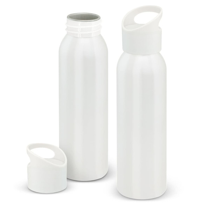 A drink bottle with a sleek white aluminium design, including a removable cap and a logo.