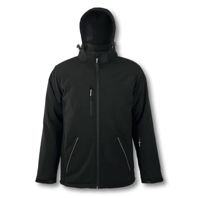 A black men's softshell jacket with a hood, featuring zipped pockets and a logo.