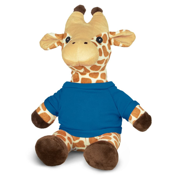 A plush giraffe toy wearing a blue shirt, featuring a patterned yellow and brown body and brown hooves.