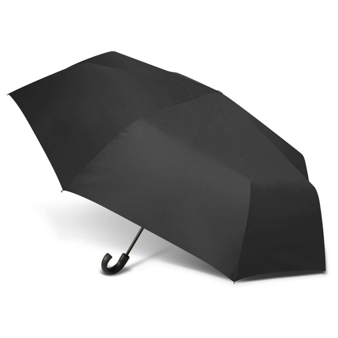 A black umbrella with a curved handle and a solid canopy, featuring a logo.
