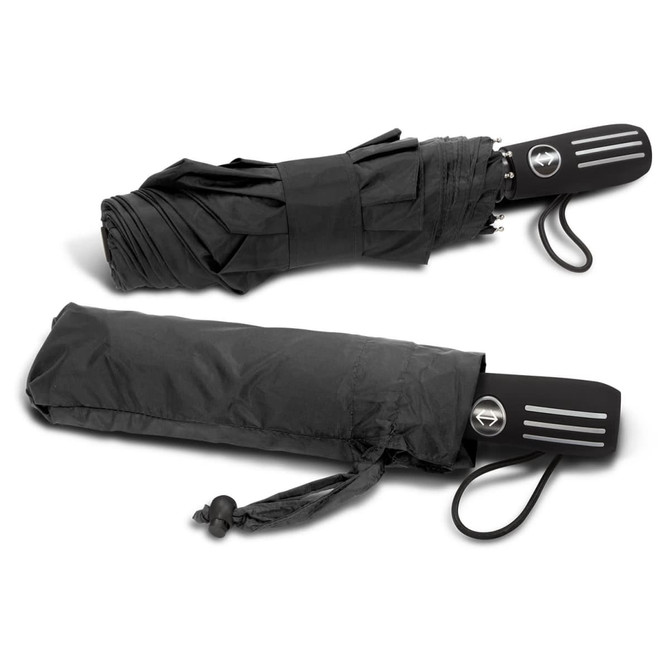 A black compact umbrella with a handle and a matching cover, featuring a logo on the handle.