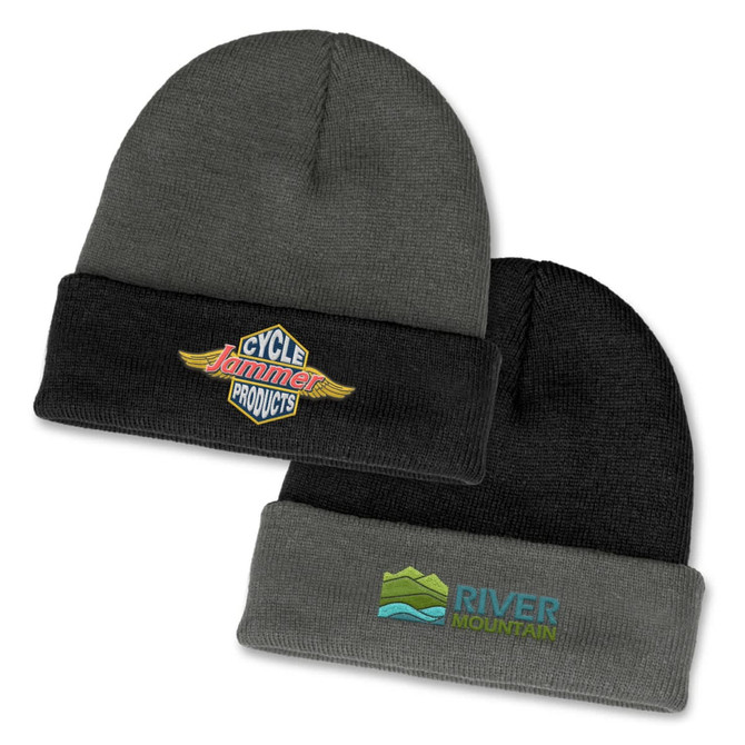 A two-toned beanie featuring a grey body and black cuff, with logos on both sides.