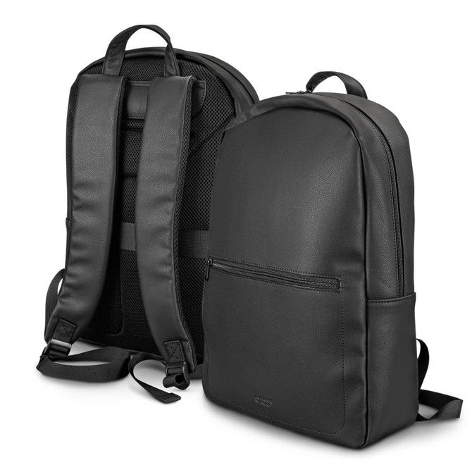A black Swiss Peak Deluxe Backpack featuring padded straps and a sleek design, with one side showing a zippered pocket.