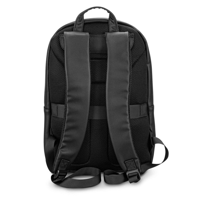 A black backpack featuring padded straps and mesh detailing on the back. It has a logo prominently displayed.