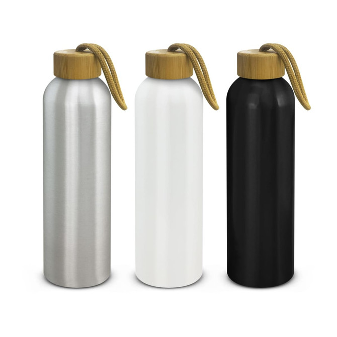 A drink bottle collection featuring aluminium bottles in silver, white, and black, each with a bamboo lid and a strap.