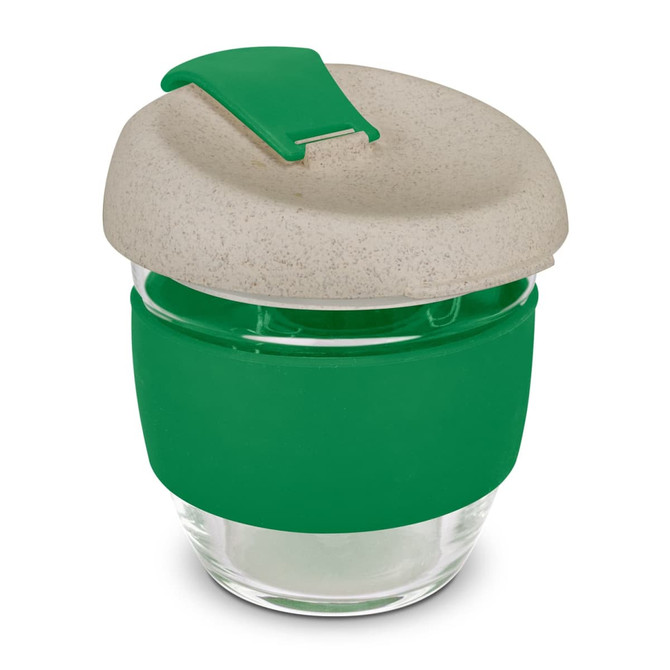 A drink bottle featuring a transparent glass body with a green silicone band and a speckled green lid.