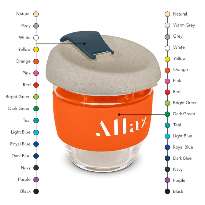 A drink bottle with a clear glass body, orange silicone sleeve, and natural-toned lid. Features a logo.