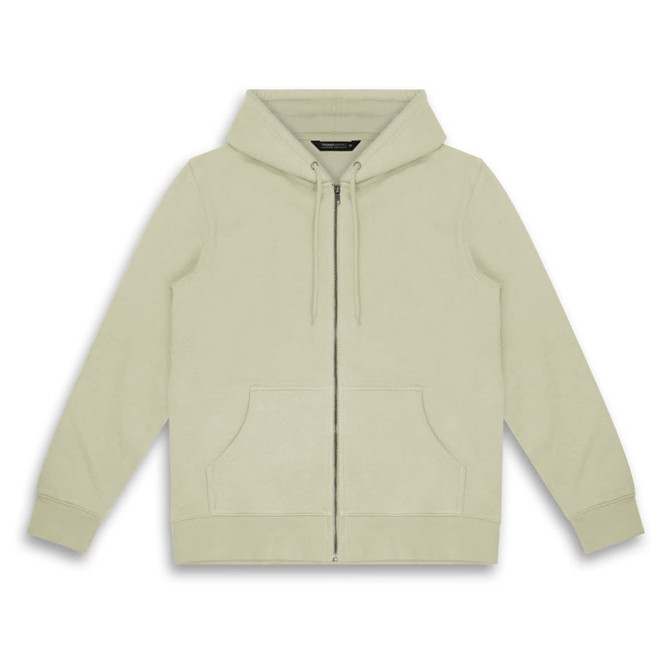 A light green unisex hoodie with a zip front, drawstring hood, and front pockets. Features a logo.