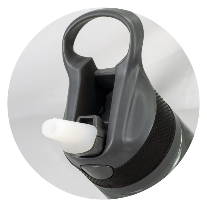 A drink bottle in dark grey with a wide opening and straw feature, designed for easy sipping. It has a logo.