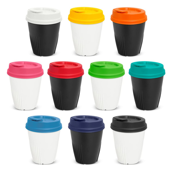 A drink bottle collection featuring ten IdealCups in various colours: black, white, green, blue, red, pink, orange, and yellow.