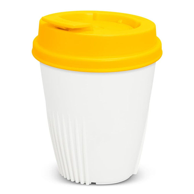 A drink bottle featuring a white body and a bright yellow lid, designed with a ribbed texture. It includes a logo.