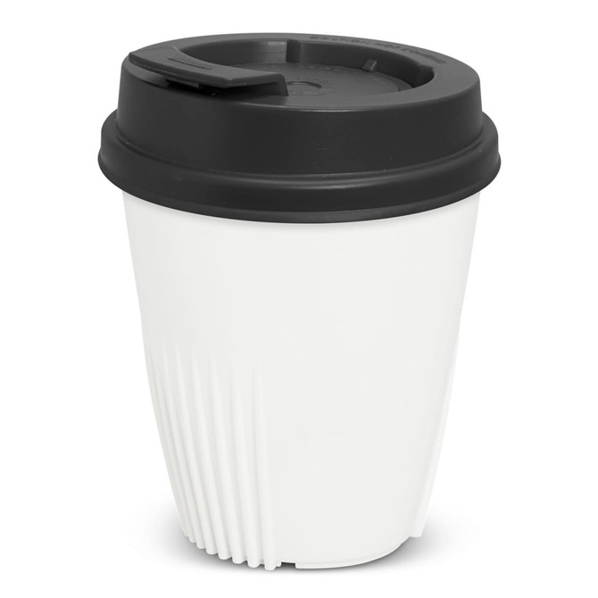 A drink bottle featuring a white body and a black lid, designed with ridges for grip. It has a logo on the side.