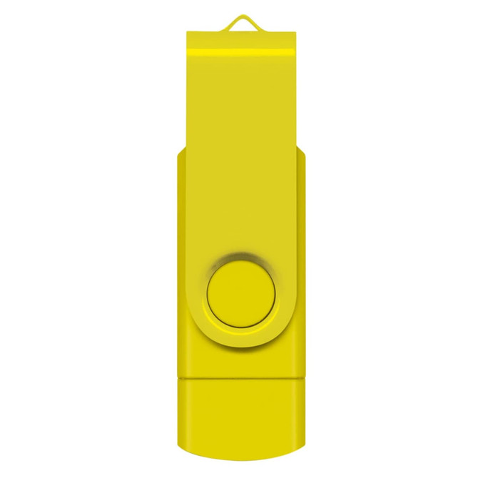 A yellow Helix 8GB dual flash drive with a swivel cap and an attached loop for convenience.