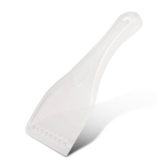 A transparent ice scraper with a curved handle and a serrated edge for removing ice.