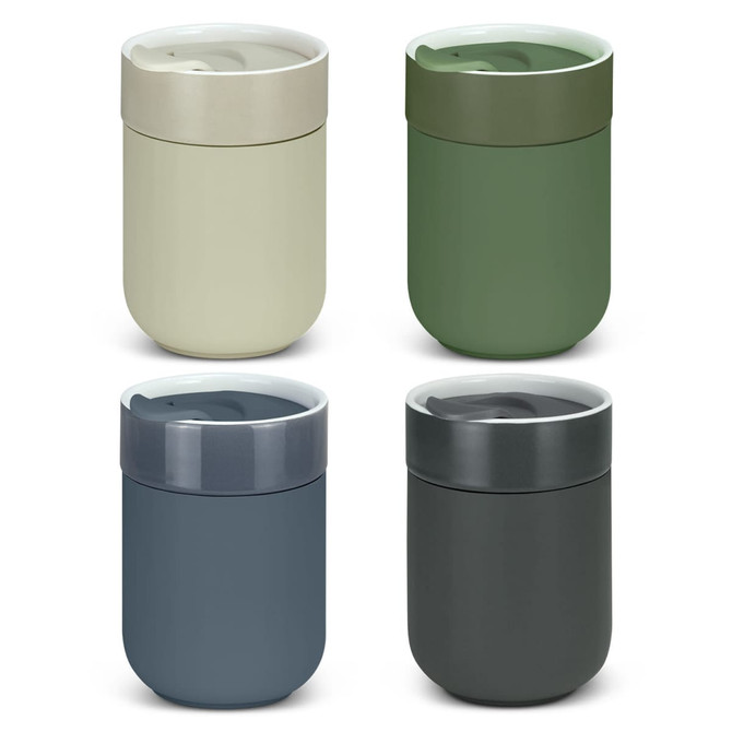A set of four ceramic coffee cups in light green, dark green, blue, and dark grey, each featuring a lid and a logo.