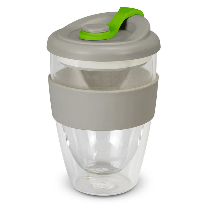 A drink bottle with a clear body, grey lid, and green stopper, featuring a silicone band for grip.