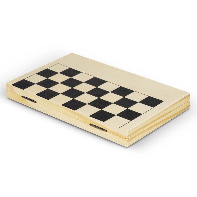 A travel chess set in wood with a light base and dark wooden squares, featuring a hinged design.