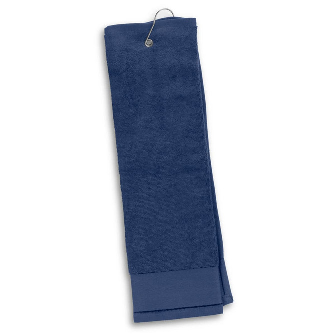 A dark blue golf towel with a hanging loop for easy attachment.