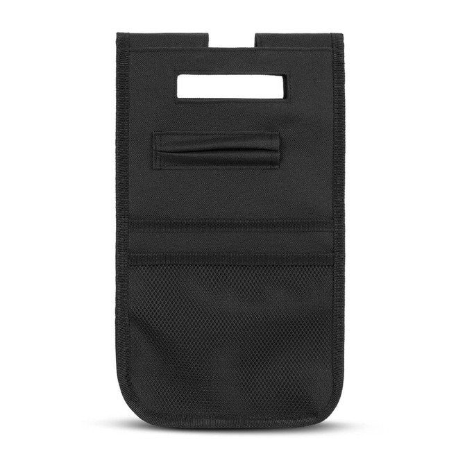 A black Trolley Bag Caddy featuring a handle and multiple storage pockets. It has a sleek, simple design.