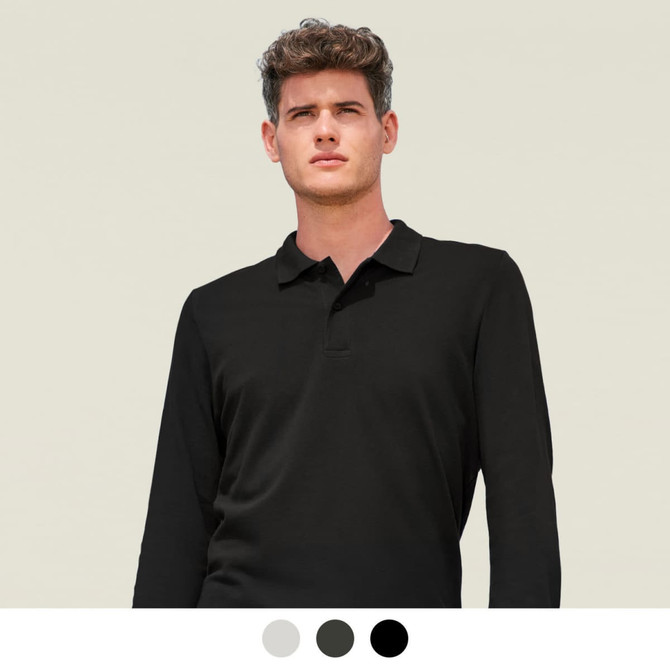 A long sleeve polo shirt in black, displayed on a male model against a light background, featuring a logo.