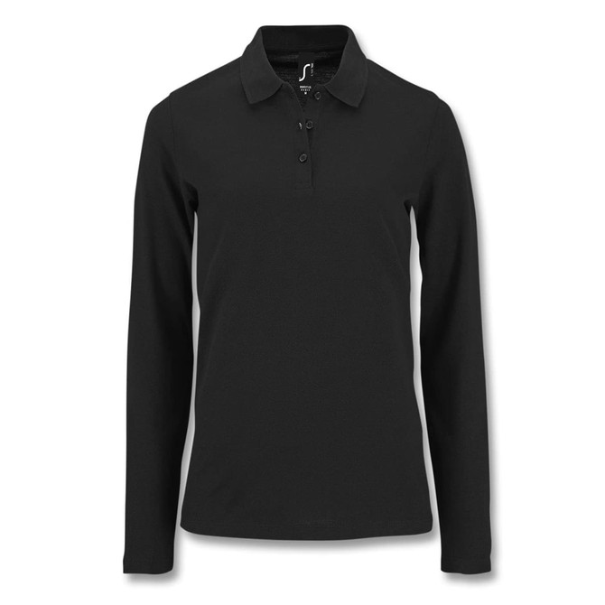 A black long sleeve women's polo shirt featuring a collar and buttons, with a logo on the upper side.