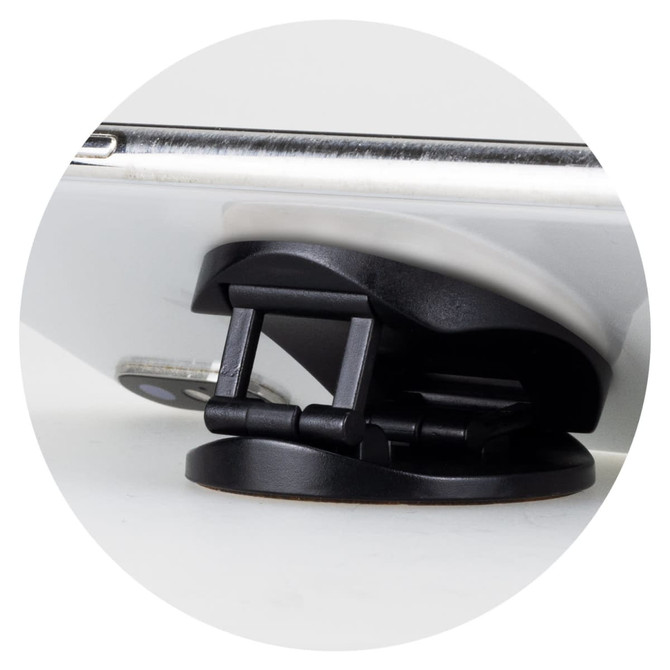 A black phone holder with a sturdy base, designed to support a smartphone.