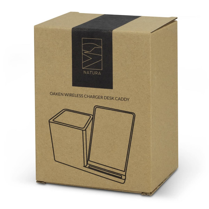 A cardboard box containing the NATURA Oaken Wireless Charger Desk Caddy, featuring a minimalist design and a logo.