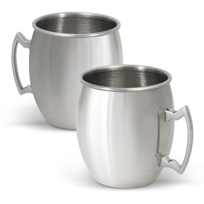 A drink mug set in stainless steel with a curved shape and a large handle, featuring a simple design.