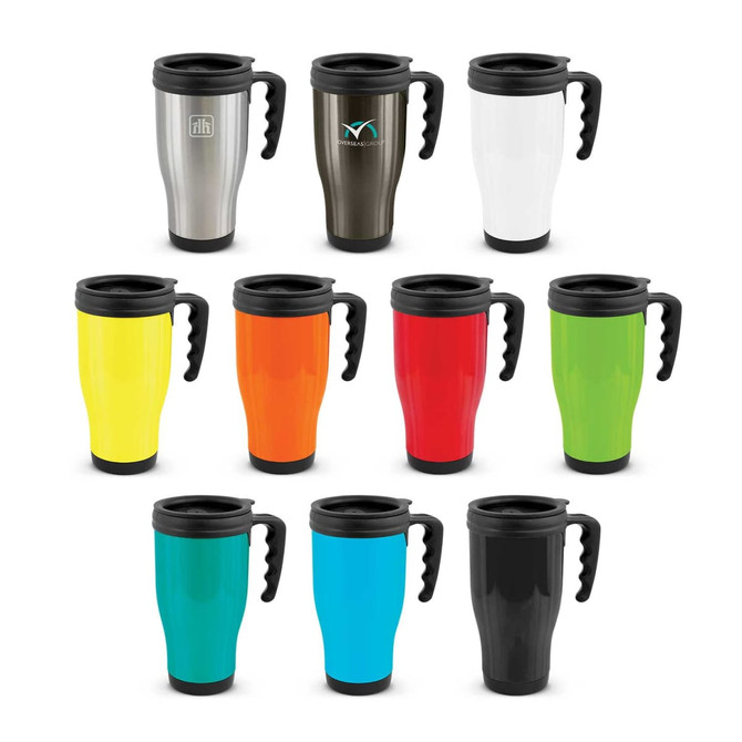 A range of ten commuter travel mugs in various colours, featuring black lids and handles. Some have logos.
