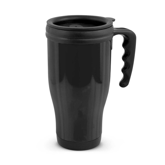 A drink bottle featuring a sleek black design, a comfortable handle, and a secure lid for convenient travel.