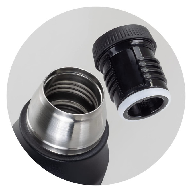 A drink bottle in matte black with a stainless steel top and a removable black cap. It has a logo on the body.