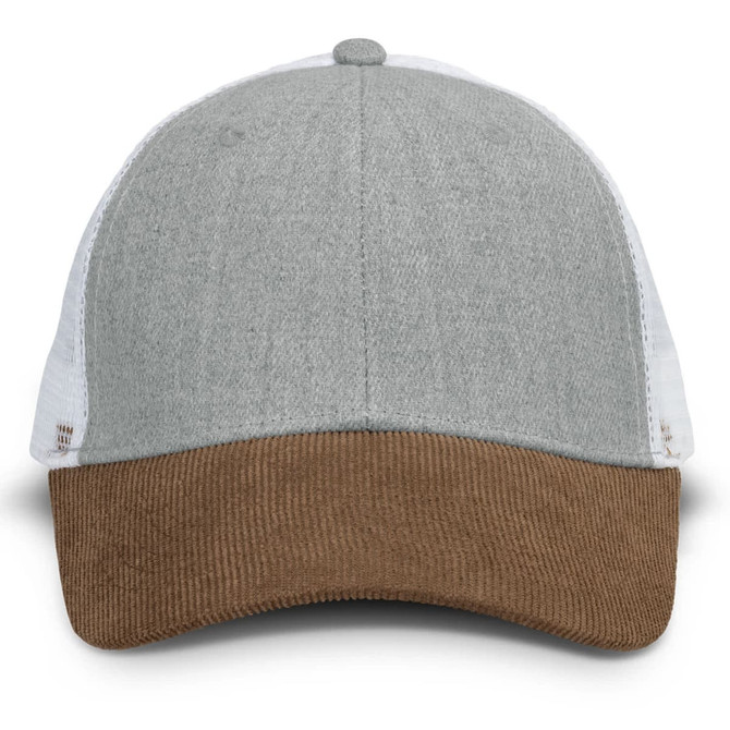 A grey cap with a brown corduroy peak, featuring mesh sides and a logo on the front.