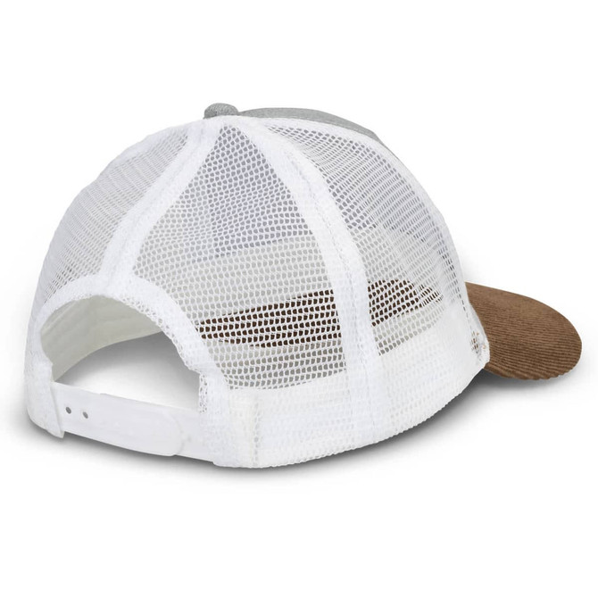 A corduroy peak cap in brown with a white mesh back and an adjustable strap. It features a logo on the side.