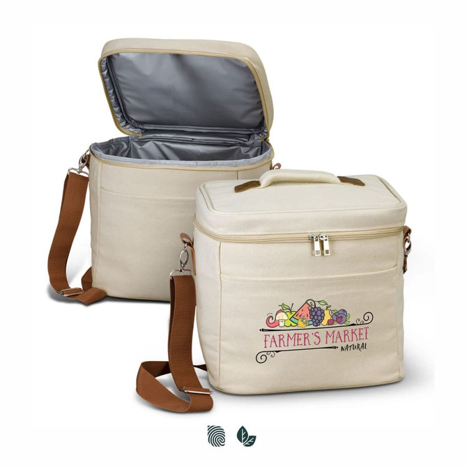 A cream cooler bag with a zip closure and a detachable shoulder strap. It features an interior lining and a logo.