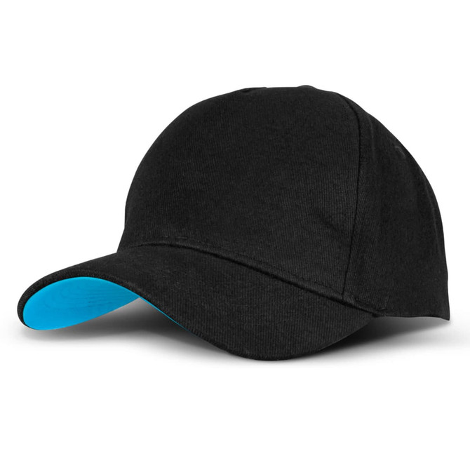 A black cap with a blue underside of the brim, featuring a logo on the front.