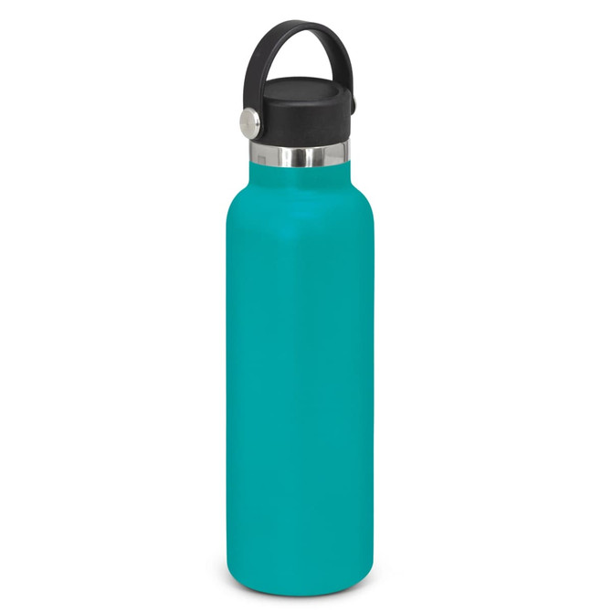 A drink bottle in teal with a black carry lid and a stainless steel band. It features a simple, modern design.