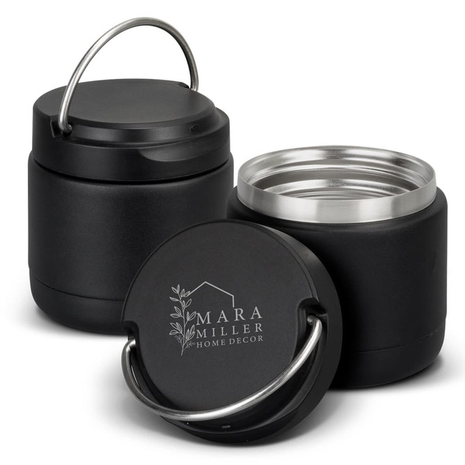 A drink bottle in matte black with a stainless steel interior, featuring a handle and a branding logo.